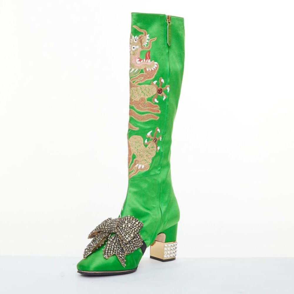 rare GUCCI 2017 Runway Caspar green satin dragon embroidered boot heels EU39 - Picture 4 of 8